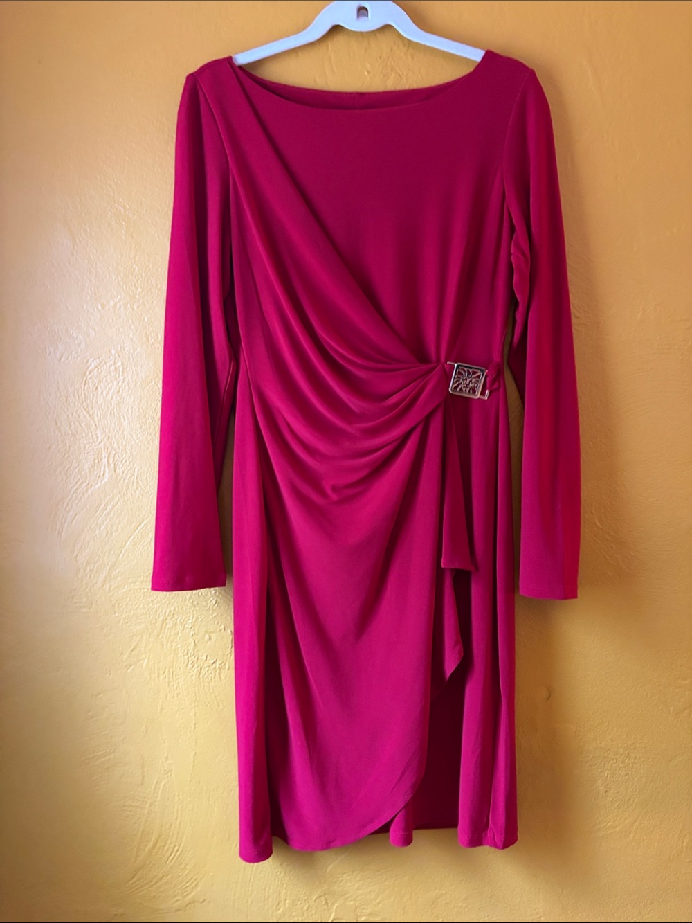 Anne Klein Long-Sleeve Draped Dress in Fuchsia